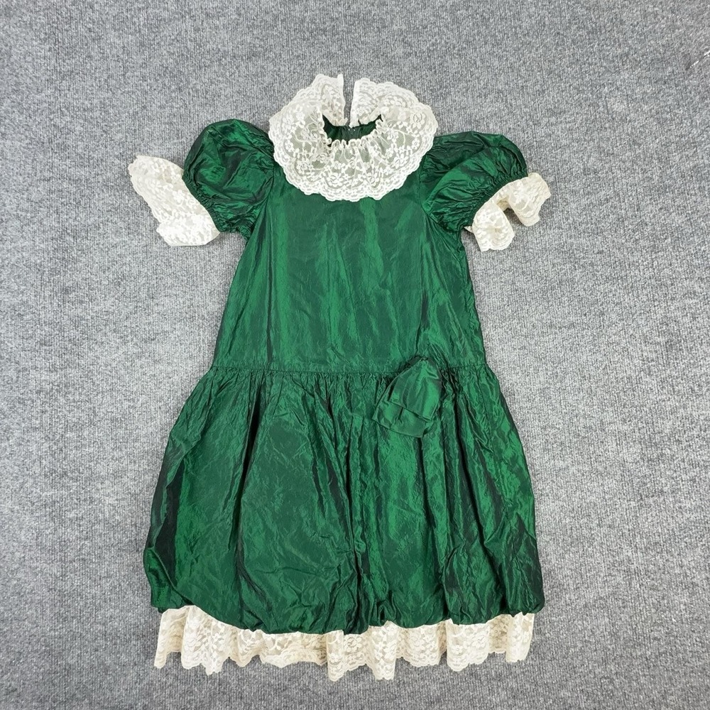Vintage Green Taffeta Dress Girls 8-10 Lace High Neck Puff Sleeve Party Formal